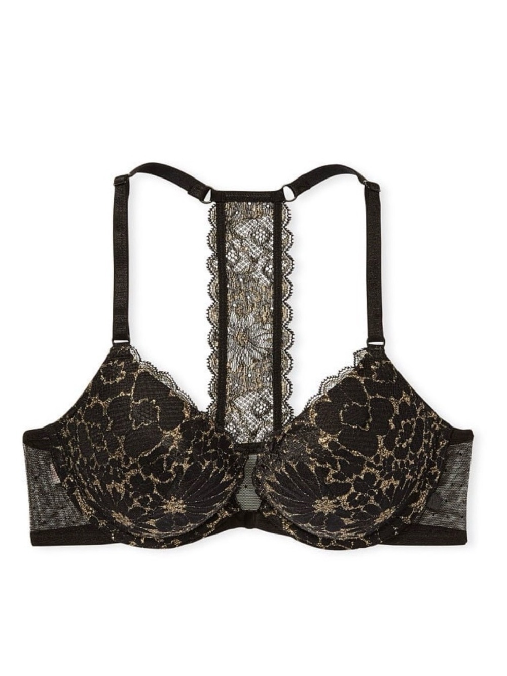 Victoria’s Secret Sexy Tee T-Back Lace Front Close Push Up Bra Black & Gold 34C
